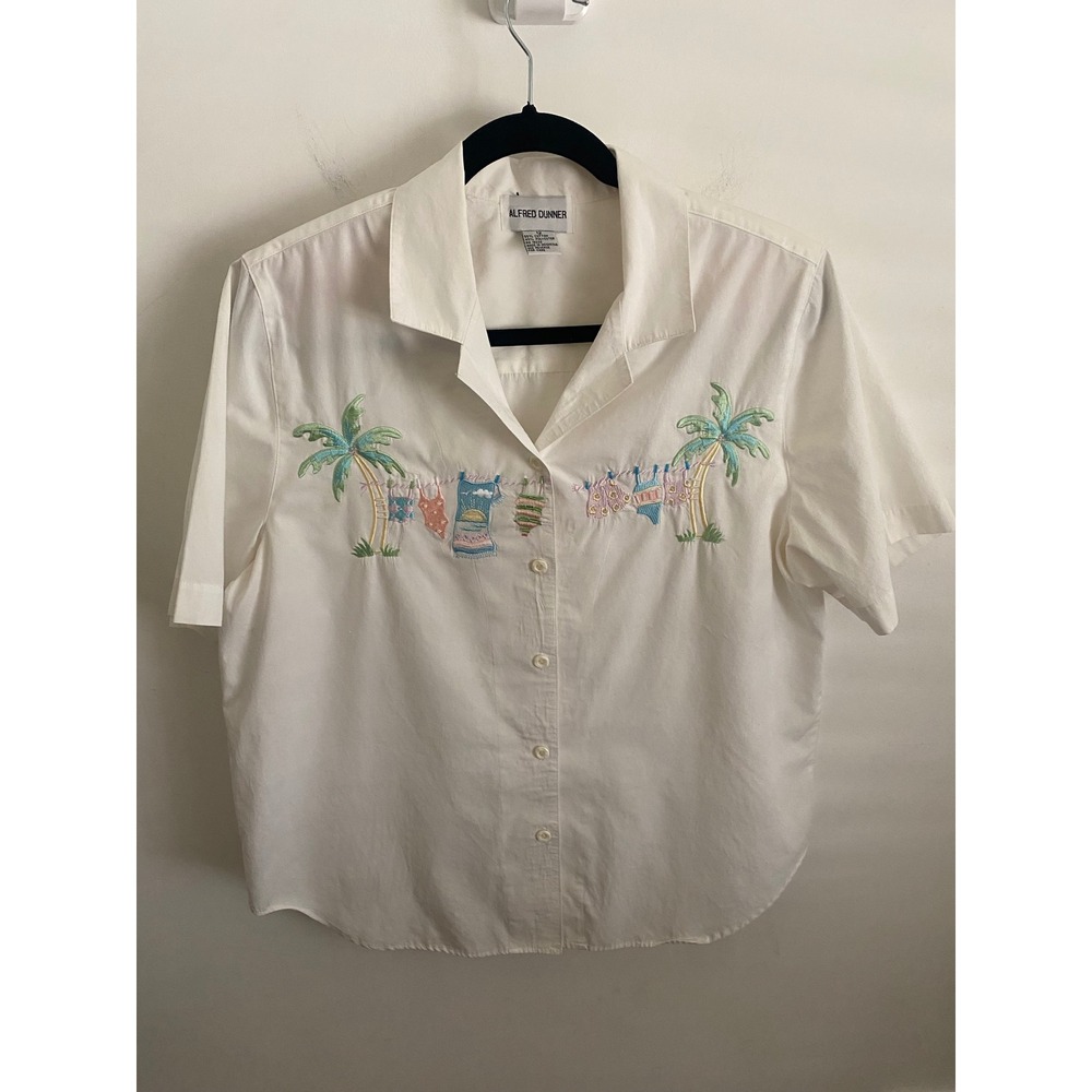 Alfred Dunner White Embroidered Beach Palm Tree Button‎ Up Shirt Womens 12